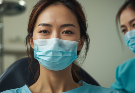 Healthcare worker wearing a face mask looking attentively at someone off-camera, portraying dedication and care in a clinical setting.の素材