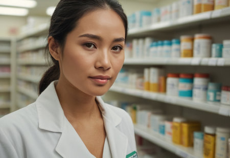 A female pharmacist stands confidently in a pharmacy. Shelves with medicines in the background.の素材