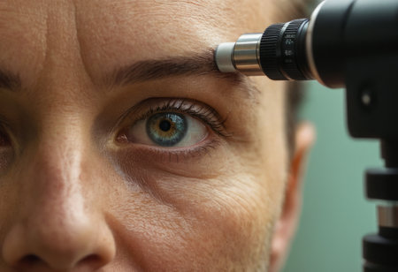 A woman undergoes an eye examination with specialized equipment. Medical professional conducting the test.の素材
