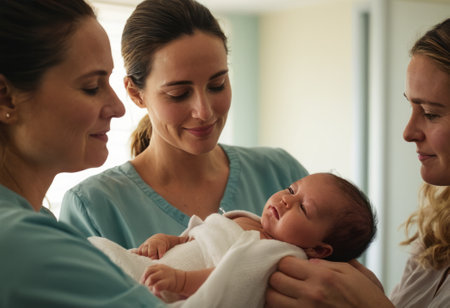 A newborn baby is cradled by family members. Affection and tenderness fill the room.の素材