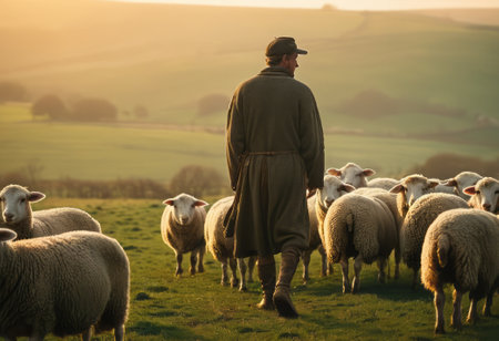 A shepherd stands overseeing his flock at dusk. The pastoral scene speaks to the age-old tradition of herding.の素材