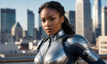 A determined woman in a sleek silver superhero suit stands on a rooftop at sunrise, overlooking a modern city. The scene captures her strength, readiness, and the start of a new day.の素材
