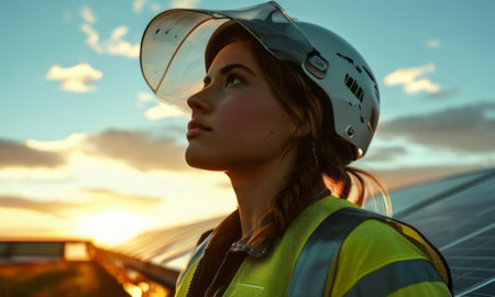 A female engineer wearing a helmet and safety vest observes a construction site at sunset. The golden light highlights her focused expression, symbolizing dedication and progress.の素材