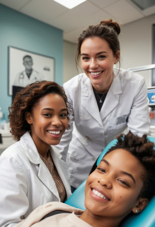 Two female dentists smile with young patients in a modern dental clinic, emphasizing trust and comfort in pediatric dental care. The scene reflects a supportive and friendly healthcare environment.の素材