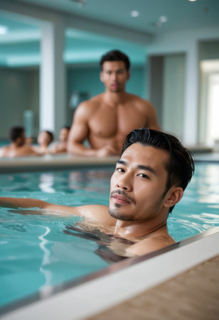 A man is seen relaxing in a swimming pool, gazing towards the camera, with a calm expression.の素材