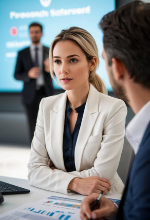 A confident female leader in a white blazer leads a business meeting, discussing important strategies and plans.の素材