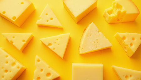 A variety of cheese pieces are arranged on a bright yellow background, showcasing different shapes and textures. The image is playful and vibrant.の素材
