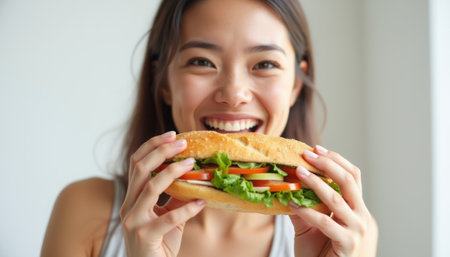 A cheerful woman takes a bite of a sandwich while smiling, enjoying her meal indoors. The scene is casual and light-hearted.の素材