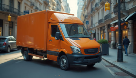 An orange delivery van parked on a busy city street, representing logistics, transportation, and urban commerce. The image conveys movement, service, and urban life.の素材