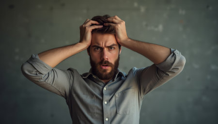 A frustrated man holds his head in his hands, expressing stress or anxiety. The scene highlights feelings of pressure and overwhelm, set against a dark background.の素材
