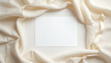 A blank white card lies on top of soft cream-colored fabric, creating a minimalistic and elegant scene. The composition highlights simplicity, texture, and space for text.の素材