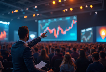 A speaker stands on stage in front of a large audience at a business conference, gesturing towards a screen showing data charts. The room is filled with professionals focused on the presentation.の写真素材