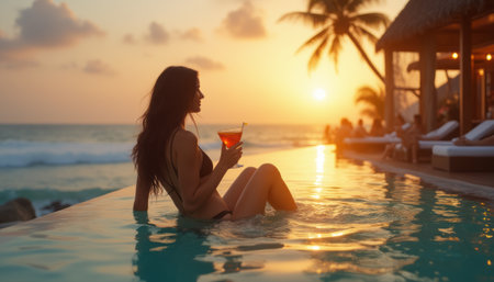 A woman sits on the edge of an infinity pool with a cocktail in hand, gazing at the sunset over the ocean. The tropical setting is serene and luxurious, perfect for relaxation.の写真素材
