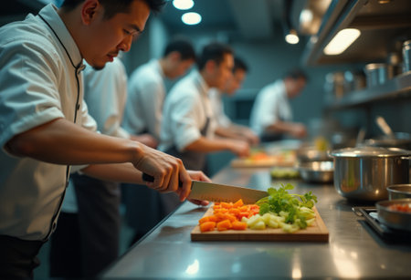 A chef skillfully prepares a meal in a bustling restaurant kitchen, focusing on chopping vegetables. The scene captures teamwork, culinary precision, and the energy of a professional kitchen.の写真素材