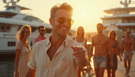 A group of friends celebrates and enjoys a party on a luxury yacht under the warm sun. The atmosphere is festive, vibrant, and full of laughter, with the ocean in the background.の写真素材