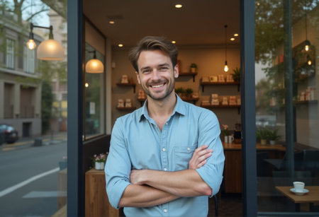 A man with his arms crossed smiles confidently while standing outside his cozy cafe on a city street.の素材