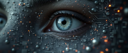 A close-up of a human eye integrated with glowing digital circuits and elements, symbolizing advanced technology and artificial intelligence. The blue and metallic tones give a futuristic appearance.の素材