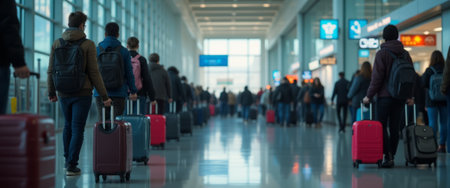 A group of passengers with suitcases is seen waiting in line at an airport terminal, capturing the experience of travel and airport routines. The scene reflects movement, anticipation, and travel.の素材