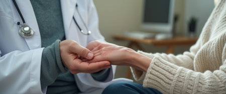 A doctor gently holding the hand of an elderly patient, providing comfort and care in a medical setting.の素材