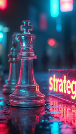 A close-up of a glass chess piece with a glowing neon sign that reads strategy in the background, symbolizing planning and foresight. The vibrant colors emphasize focus and intelligence.の素材