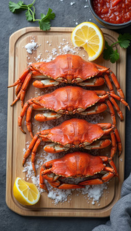 A top-down view of cooked crabs neatly arranged on a wooden board, garnished with lemon and salt.の素材
