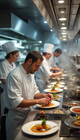 Professional chefs in a busy kitchen carefully plate dishes, focused on presentation and detail.の素材