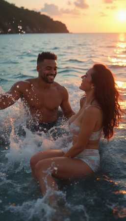 A couple in swimwear laughs and enjoys the waves at sunset, capturing a romantic beach moment.の素材