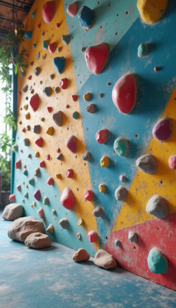 A vibrant indoor climbing wall with multicolored holds, designed for training and fun.の素材