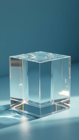 A clear glass cube placed on a reflective surface, capturing light and shadows in a minimalist composition.の素材