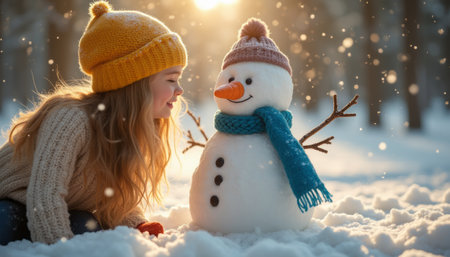 A young girl with golden hair and a cozy yellow beanie leans in closely to a cheerful snowman, adorned with a carrot nose and a bright blue scarf. The enchanting winter scene is illuminated by soft sunlight filtering through the trees, creating a magical atmosphere filled with sparkling snowflakes.の素材