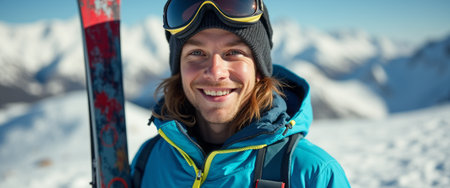 A cheerful young man stands on a breathtaking snowy mountain peak, radiating excitement and adventure. Clad in a vibrant blue ski jacket and a cozy beanie, he holds his colorful skis, embodying the thrill of winter sports against a stunning backdrop of majestic snow-capped mountains.の素材