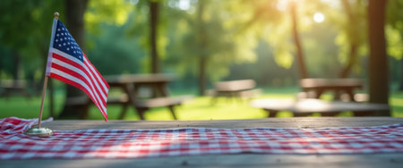 A small American flag stands proudly on a checkered tablecloth, set against a backdrop of lush green trees and soft sunlight filtering through the leaves. The inviting picnic area, with wooden tables in the distance, evokes a sense of community and celebration, perfect for gatherings and outdoor festivities.の素材