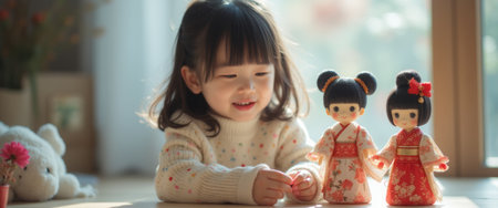 A cheerful young girl sits on a sunlit floor, captivated by two beautifully dressed traditional dolls beside her. Her bright smile radiates joy as she delicately holds a small accessory, embodying the innocence of childhood and the magic of playtime.の素材