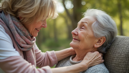 In a serene outdoor setting, a joyful woman leans in closely to an elderly woman, their faces radiating warmth and affection. The gentle touch and shared smiles capture a beautiful moment of connection, highlighting the deep bond of love and care that transcends generations.の素材