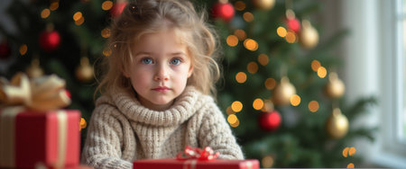 A sweet little girl with tousled hair sits in front of a beautifully decorated Christmas tree, her big blue eyes reflecting a mix of anticipation and wonder. Surrounded by vibrant red and gold presents, she embodies the magic of the holiday season, evoking feelings of joy and innocence in a cozy, festive atmosphere.の素材