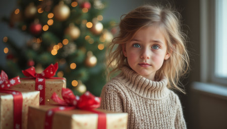 A young girl with captivating blue eyes gazes thoughtfully at the camera, her soft, wavy hair framing her face. Surrounded by beautifully wrapped gifts adorned with vibrant red bows and a twinkling Christmas tree in the background, the scene radiates warmth and the magic of the holiday season.の素材