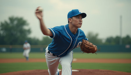 A focused young pitcher, clad in a vibrant blue jersey, winds up to deliver a powerful pitch on a sunlit baseball field. The intensity in his expression and the dynamic motion of his arm capture the thrill of the game, while a teammate stands ready in the background, embodying the spirit of teamwork and competition.の素材