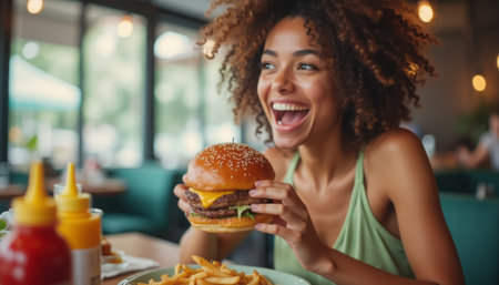 A vibrant young woman with curly hair beams with delight as she holds a delicious burger topped with melted cheese and fresh ingredients, ready to take a big bite. The scene is filled with the warmth of a cozy eatery, where golden fries and colorful condiments add to the mouthwatering atmosphere of indulgence and happiness.の素材