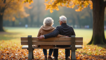 An elderly couple sits closely on a wooden bench, surrounded by a vibrant autumn landscape filled with golden leaves. The warm sunlight filters through the trees, casting a soft glow on their content faces, as they share a tender moment, embodying love and companionship in this picturesque setting.の素材