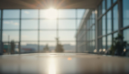 A serene interior scene captures the warm glow of sunlight filtering through expansive glass walls, creating a tranquil atmosphere. The soft focus on the polished surface of a table invites a sense of calm, while the distant greenery hints at a connection to nature, enhancing the overall feeling of peace and openness.の素材