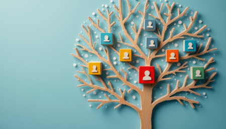 This vibrant image showcases a stylized family tree crafted from light wood, adorned with colorful square frames representing family members. Each frame features a simple silhouette of a person, creating a playful yet meaningful representation of connection and heritage against a soothing blue background.の素材