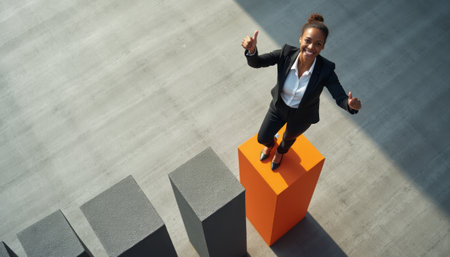 A confident woman stands atop a vibrant orange pedestal, flashing a thumbs-up with a beaming smile that radiates joy and accomplishment. Surrounded by sleek gray blocks, her poised stance symbolizes triumph and ambition, capturing the essence of reaching new heights in a professional journey.の素材
