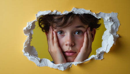 A young child with tousled hair gazes through a jagged tear in a vibrant yellow wall, their expression a mix of curiosity and concern. The contrast between the soft features of the childs face and the rough edges of the torn paper creates a striking visual, evoking feelings of wonder and introspection.の素材