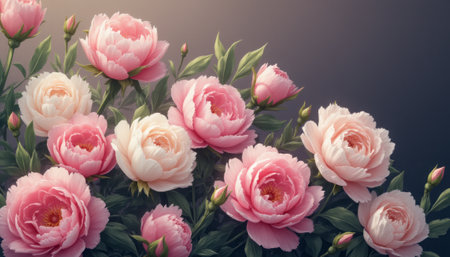 A stunning arrangement of blooming peonies fills the frame, their delicate pink petals unfurling in a symphony of softness and beauty. The gentle interplay of light and shadow enhances the lush greens of the leaves, creating a serene atmosphere that evokes feelings of tranquility and romance.の素材