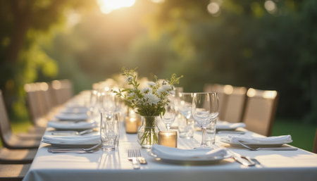 A beautifully set long table awaits guests under the warm glow of the setting sun, surrounded by lush greenery. Delicate white flowers in a glass vase center the table, complemented by sparkling glassware and elegant tableware, creating an inviting atmosphere for a memorable gathering.の素材