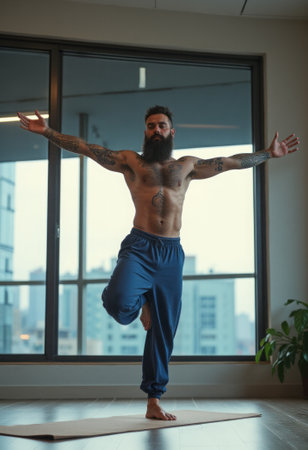 A muscular man with a full beard stands in a yoga pose, balancing on one leg while extending his arms wide in a spacious, modern room with large windows. The urban backdrop showcases a city skyline, enhancing the serene yet dynamic atmosphere of his practice.の素材