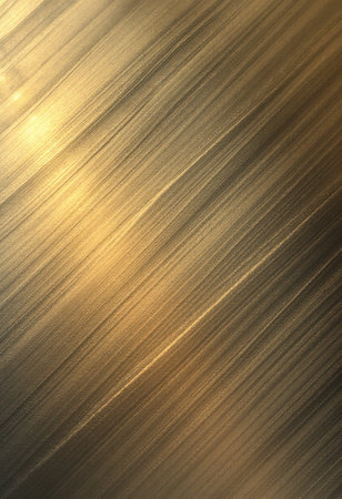 This image showcases a stunning golden brushed metal texture, radiating warmth and elegance with its soft, linear patterns. The interplay of light and shadow creates a mesmerizing effect, enhancing the luxurious feel of the surface and inviting a sense of sophistication and modernity.の素材