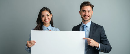 A smiling woman and man stand side by side, proudly displaying a large blank sign against a soft gray backdrop. Their bright expressions radiate positivity and collaboration, inviting viewers to imagine the possibilities of what could be written on the sign.の素材