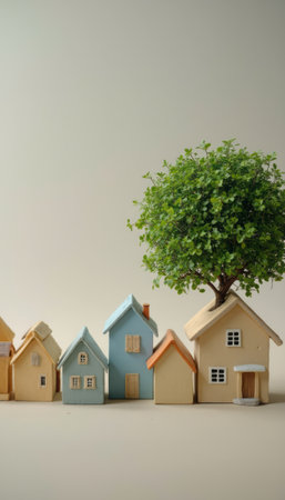 A delightful row of colorful miniature houses stands against a soft, neutral background, each uniquely shaped and painted in pastel hues. Atop the last house, a vibrant green tree bursts forth, symbolizing growth and harmony, creating a whimsical scene that evokes feelings of nostalgia and warmth.の素材