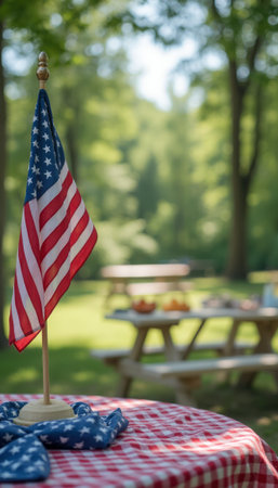 A vibrant American flag stands proudly on a checkered tablecloth, set against a lush green backdrop of trees and picnic tables. The scene evokes a sense of celebration and togetherness, perfect for a summer gathering filled with laughter, good food, and cherished memories.の素材